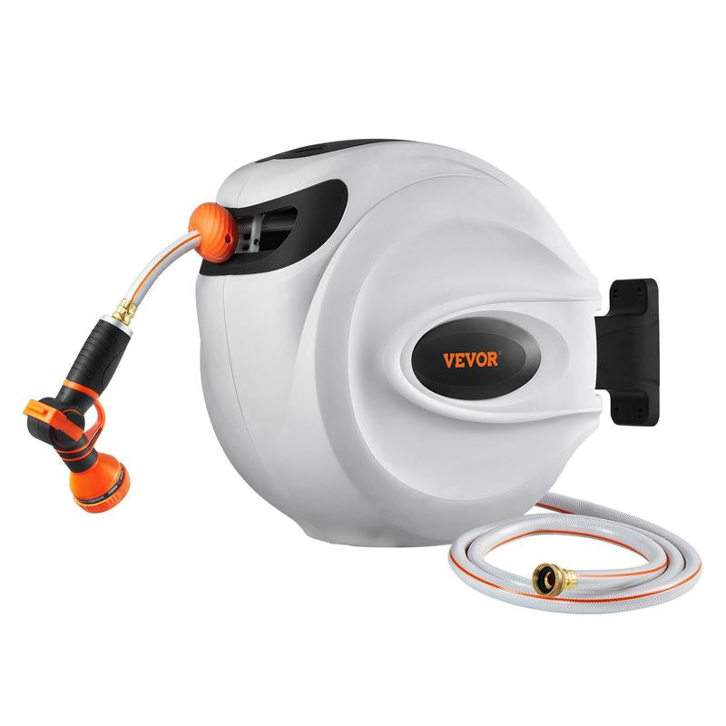 VEVOR *100FT Retractable Garden Hose Reel – Auto Rewind, 9-Pattern Nozzle, 180° Swivel, Lockable Length, Slow Return, Wall-Mounted for Effortless Watering & Cleaning