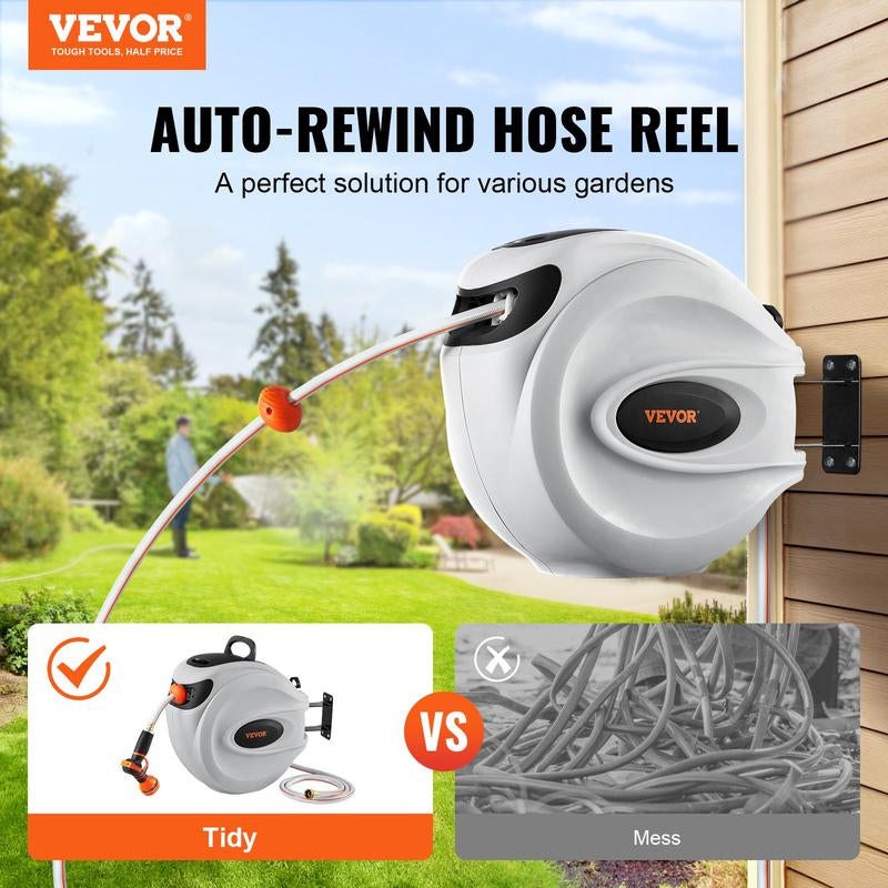 VEVOR *100FT Retractable Garden Hose Reel – Auto Rewind, 9-Pattern Nozzle, 180° Swivel, Lockable Length, Slow Return, Wall-Mounted for Effortless Watering & Cleaning