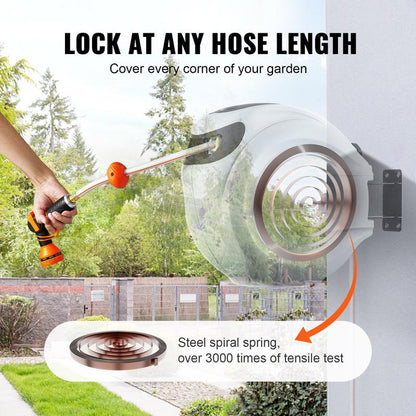 VEVOR *100FT Retractable Garden Hose Reel – Auto Rewind, 9-Pattern Nozzle, 180° Swivel, Lockable Length, Slow Return, Wall-Mounted for Effortless Watering & Cleaning